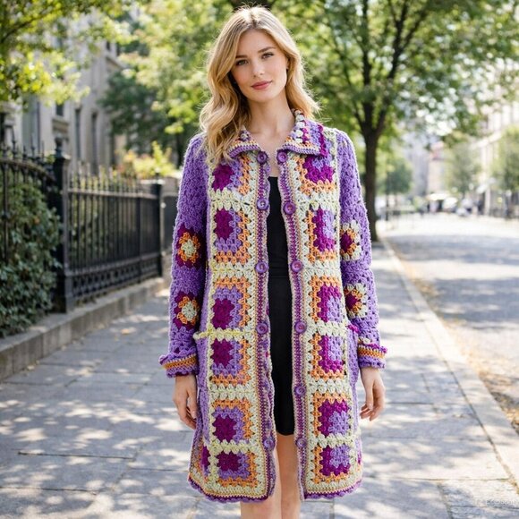 Handmade Sweaters - Handmade Lilac Colourful Granny Squares Crochet Long Cardigan L